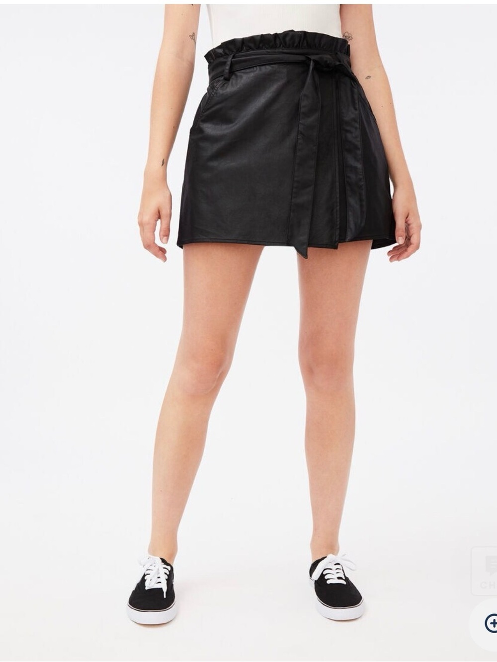 Black Faux Leather Paperbag Waist Mini Skort